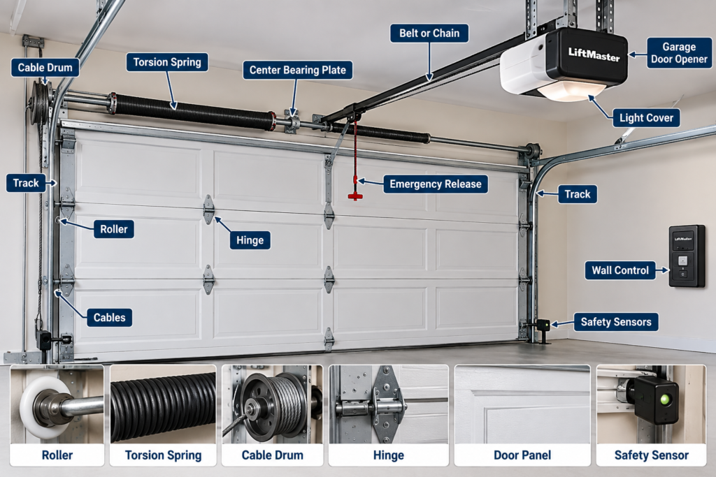 garage door parts diagram showing major components