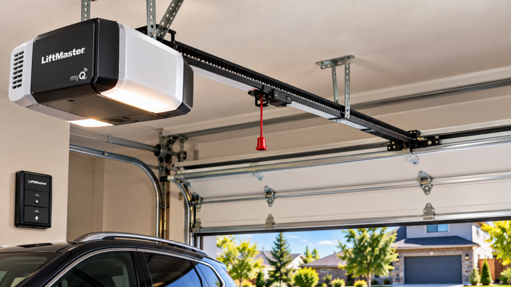 belt drive garage door opener operating a residential garage door with overhead belt rail