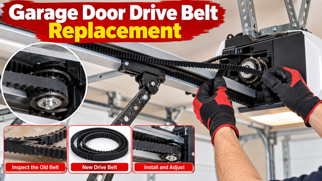 Garage door drive belt replacement with belt and pulley on opener rail