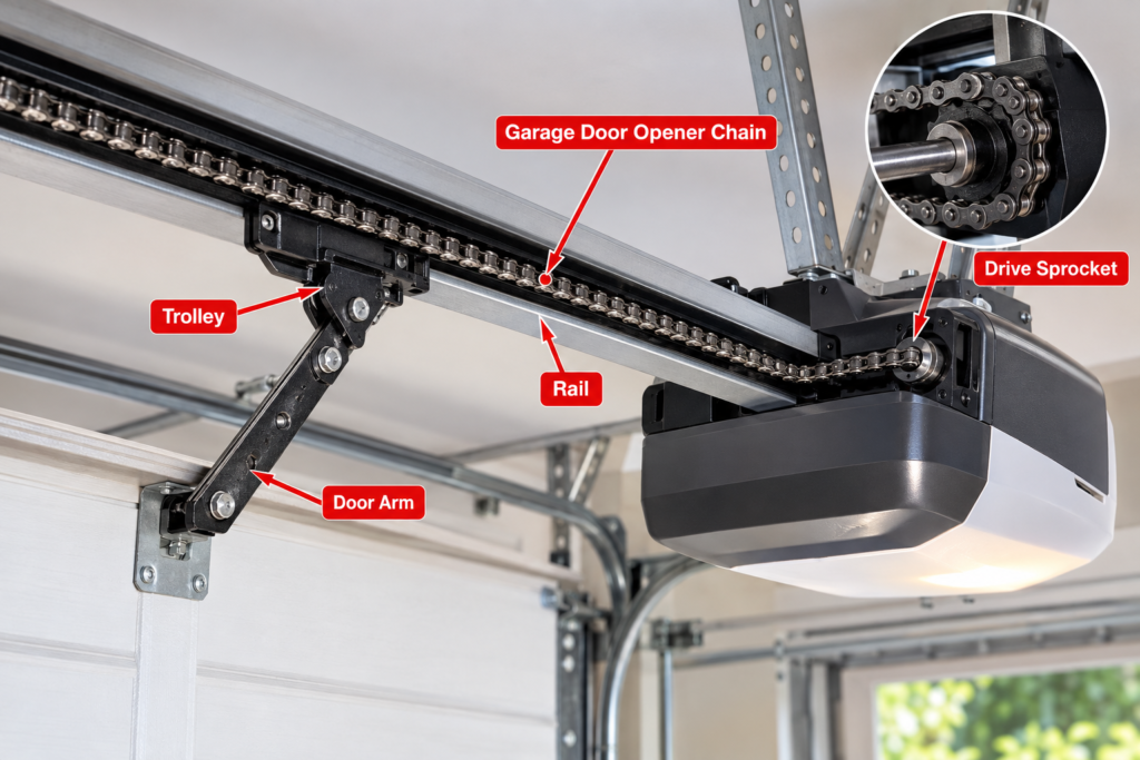 Garage door opener chain on a chain-drive garage door opener
