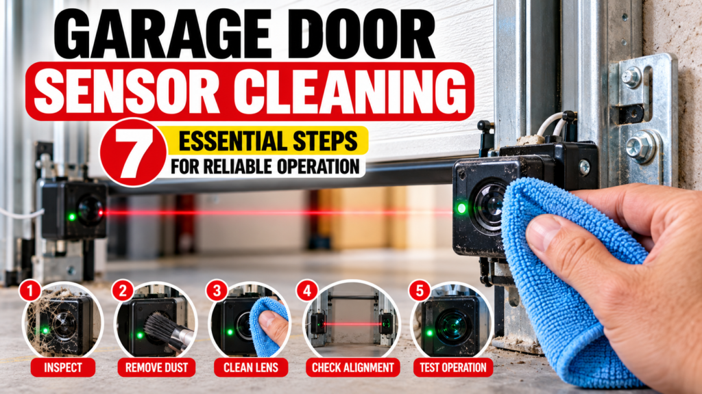Garage door sensor cleaning with safety sensors and cleaning cloth
