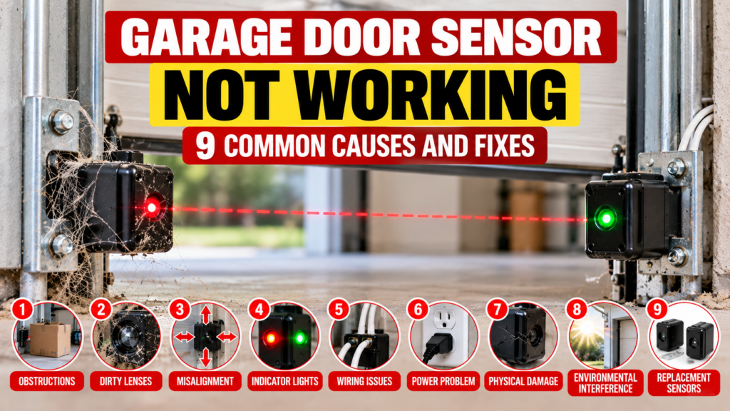 Garage door sensor not working with safety sensors showing common troubleshooting causes