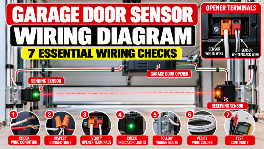 Garage door sensor wiring diagram showing safety sensor wires and opener connections