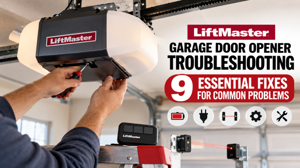 LiftMaster garage door opener troubleshooting with safety sensors and repair tools