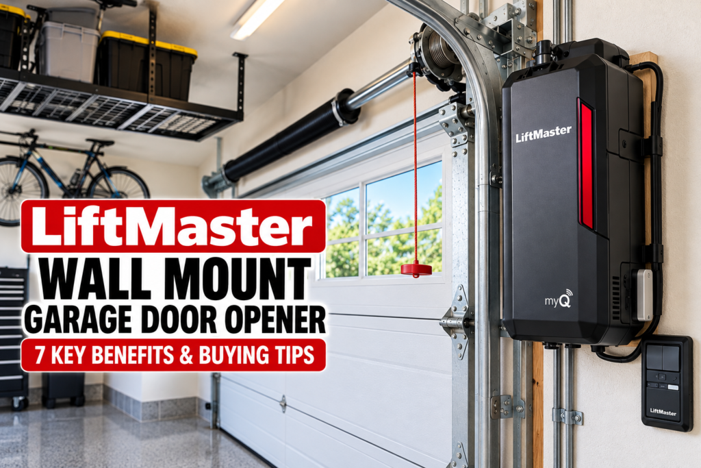 LiftMaster wall mount garage door opener installed beside a residential garage door