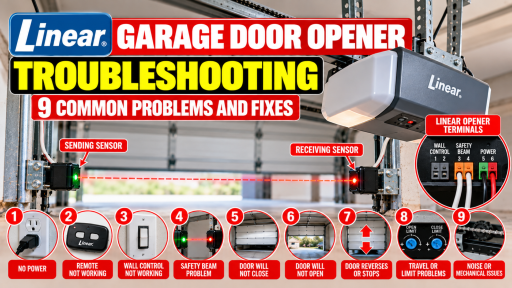 Linear garage door opener troubleshooting showing 9 common problems and diagnostic checks